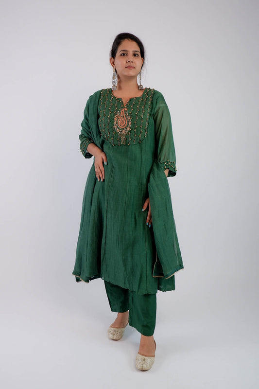 DH215-Emerald Green Anarkali Set with Intricate Embellishments