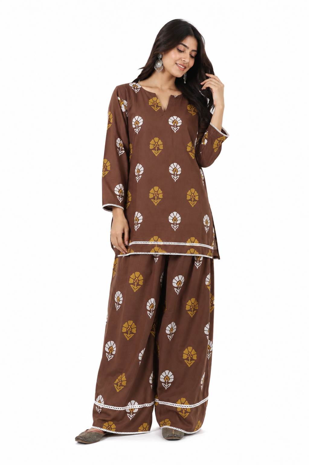 DH319-Women's Brown Cotton Printed Farshi Salwar Suit Set