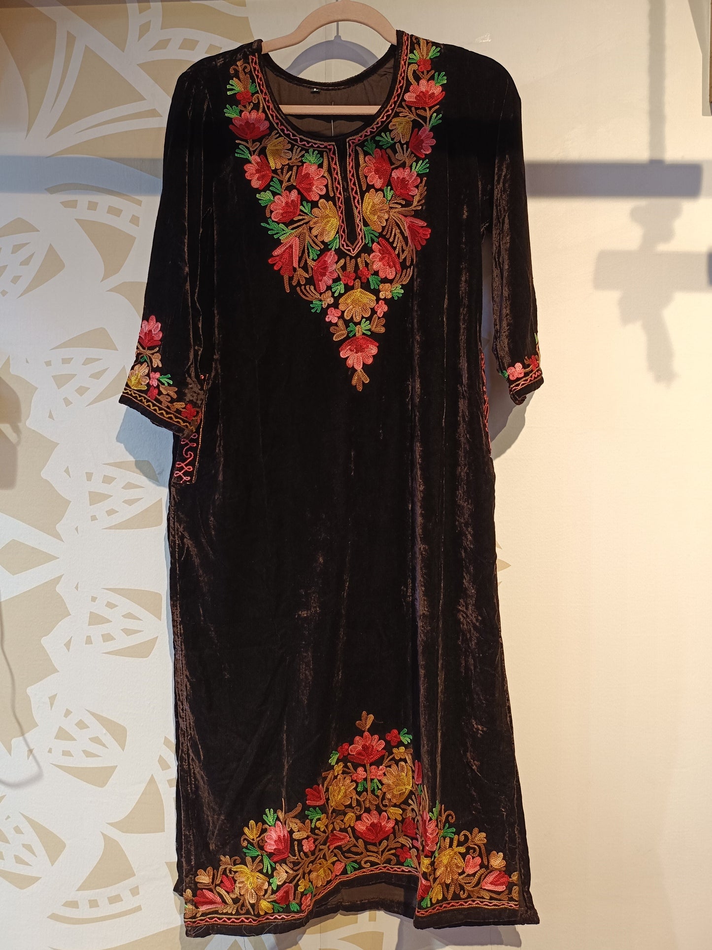 DH290-Elegant Brown Velvet Kurti with Multicolor Floral Embroidery