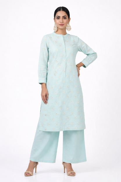 DH310-Elegant Pastel Blue Straight Kurti with Delicate Embroidery