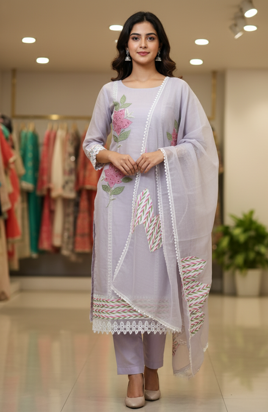 DHO11P- Pure Kota Doria Unstitched  Purple Suit