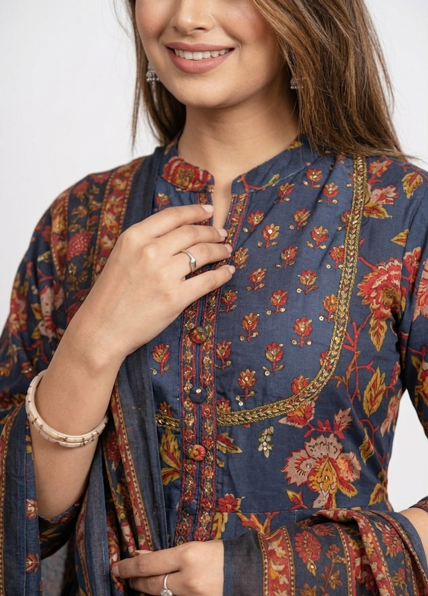 DH196- Regal Navy Floral Cotton Suit Set for Women