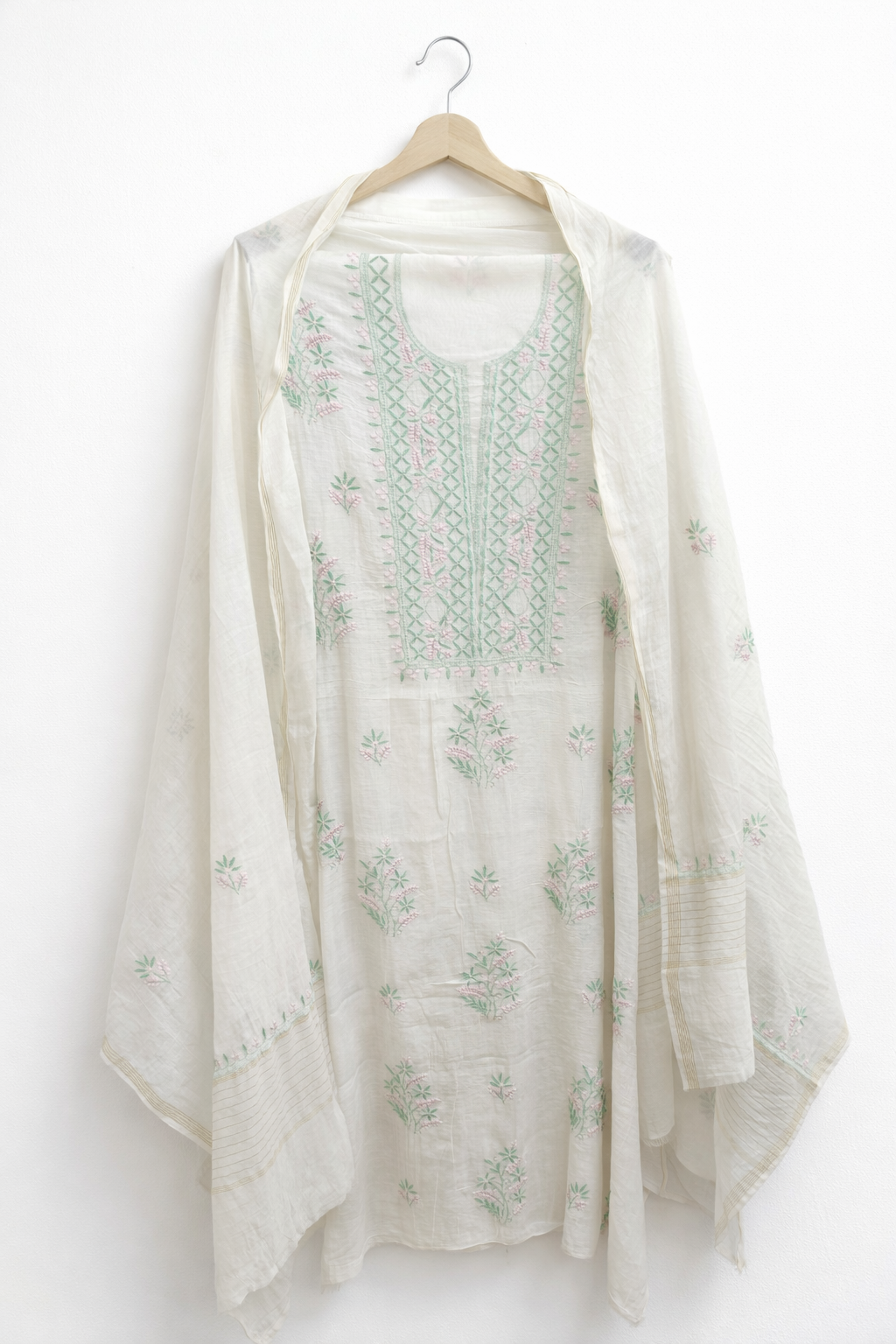 DH272-Elegant White Cotton Unstitched Suit with Pastel Thread Work Dupatta