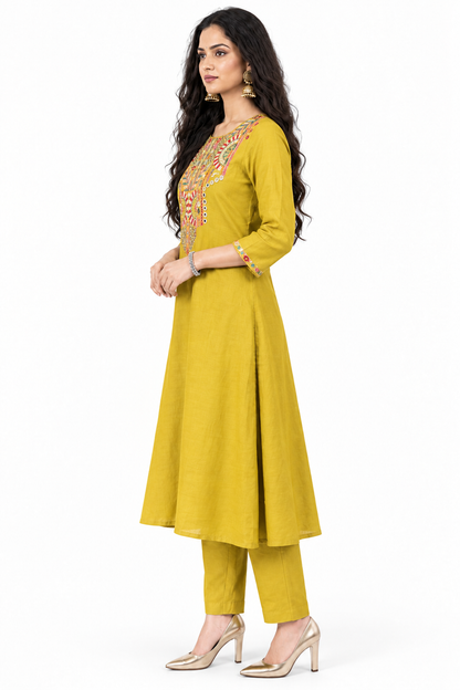 DH181G-Elegant Mul Chanderi Suit with Hand Embroidered Neckline
