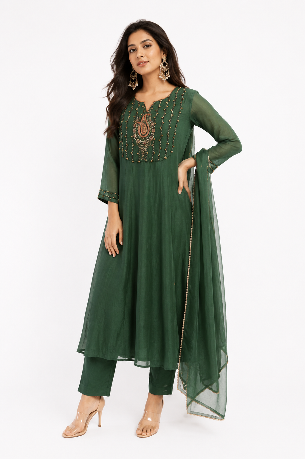 DH215-Emerald Green Anarkali Set with Intricate Embellishments