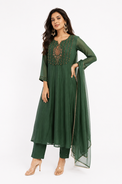 DH215-Emerald Green Anarkali Set with Intricate Embellishments