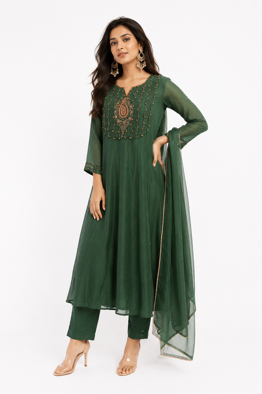 DH215-Emerald Green Anarkali Set with Intricate Embellishments