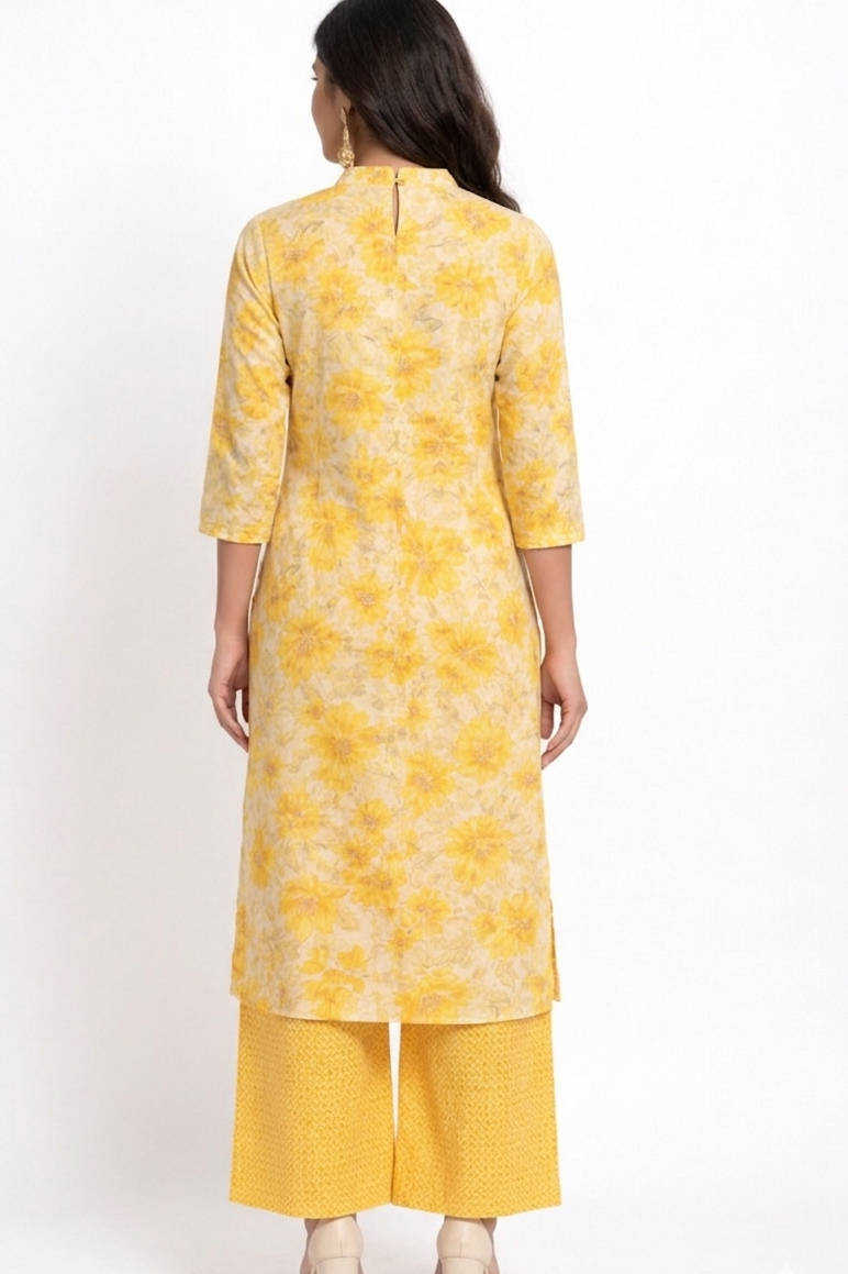 DH316-Chic Yellow Floral Printed Kurta Set with Straight Pants