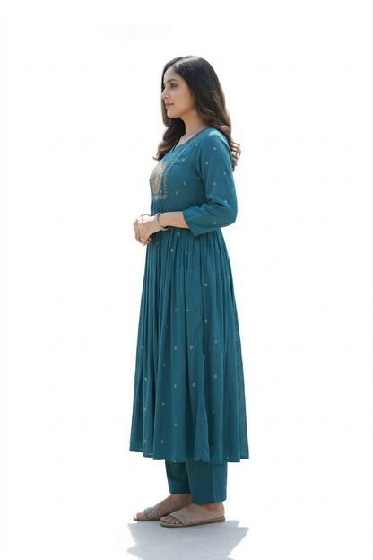 DH199- Vibrant Teal Embroidered Mul Cotton Anarkali Set