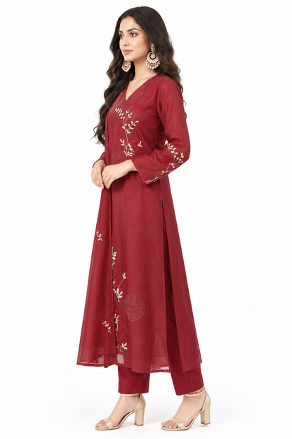 DH183-Maroon-Rust Red Floral Embroidered Kurta Set