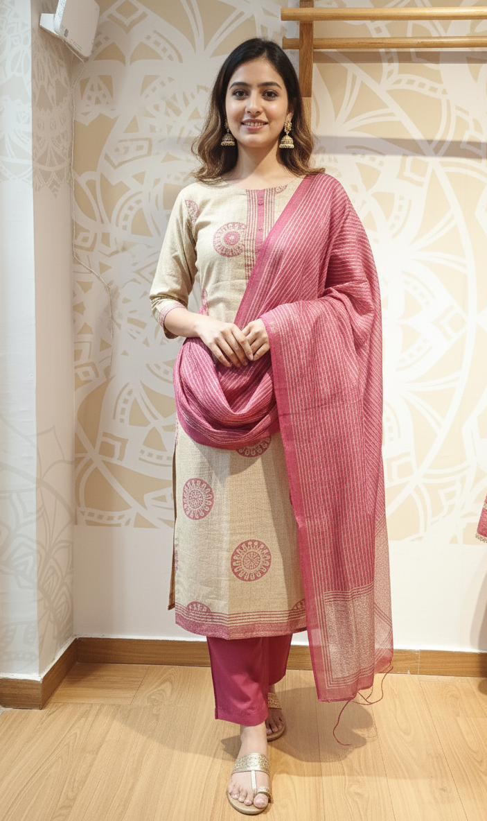 DH258-Beige & Maroon Handloom Suit Set