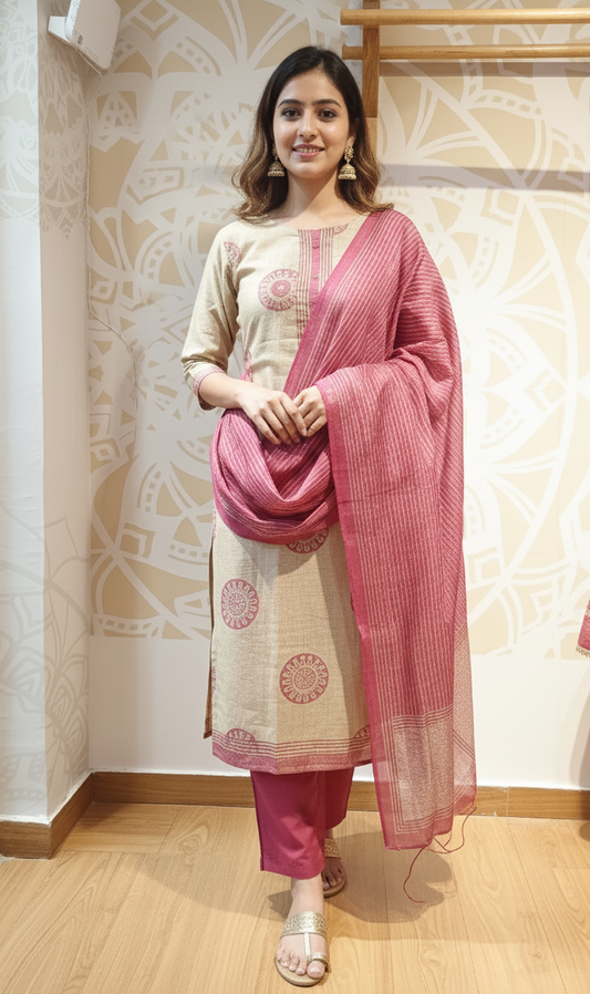 DH258-Beige & Maroon Handloom Suit Set