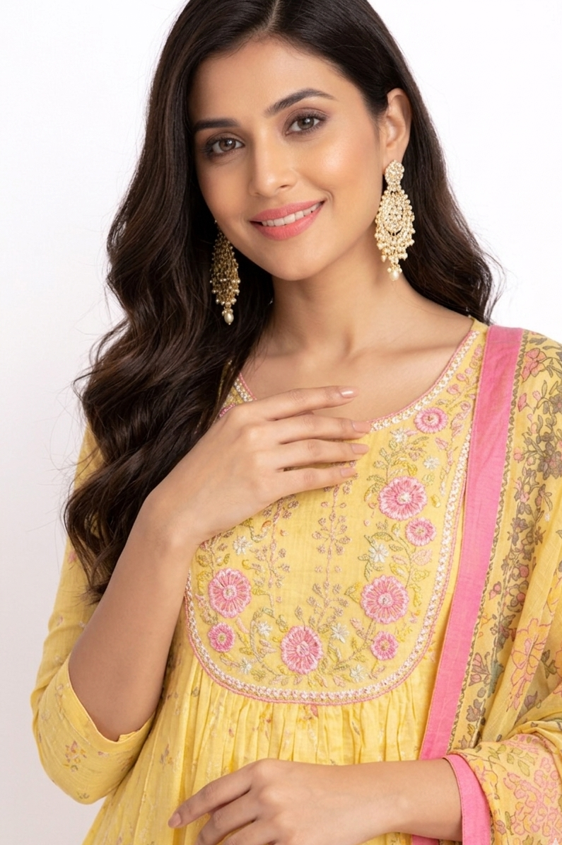 DH312-Bright Yellow Floral A-Line Kurta Set with Dupatta