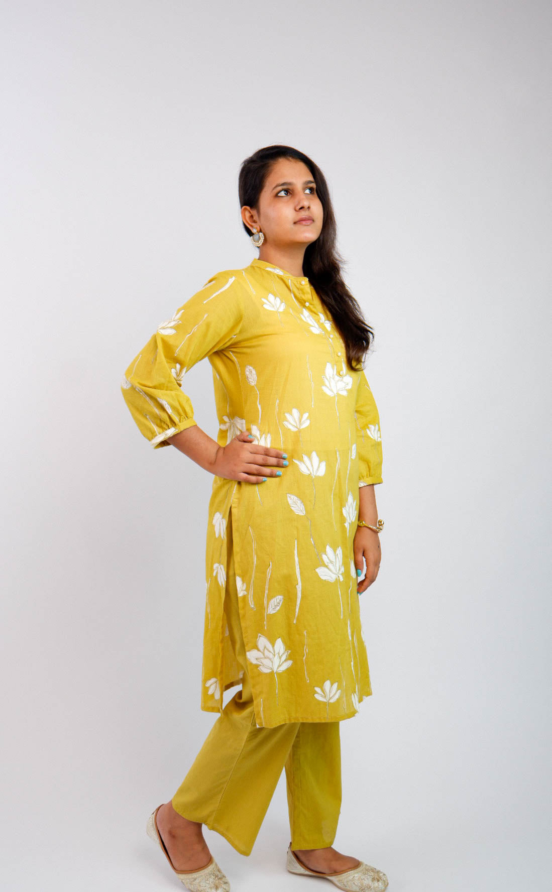 DH167WY-Mustard Yellow Floral Kurta and Pants Set