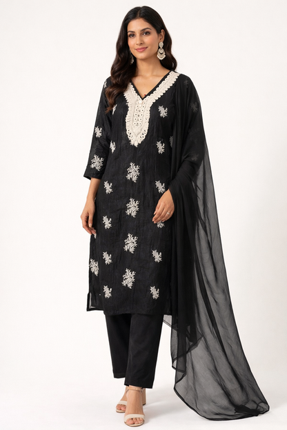 DH303-Elegant Black Embroidered Cotton Kurta set with White Lace V-Neck