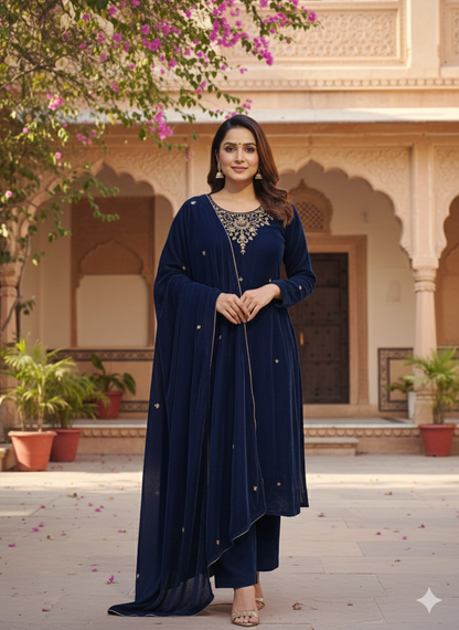 DH292-Elegant Navy Blue Three Piece Velvet Suit with Golden Embroidery