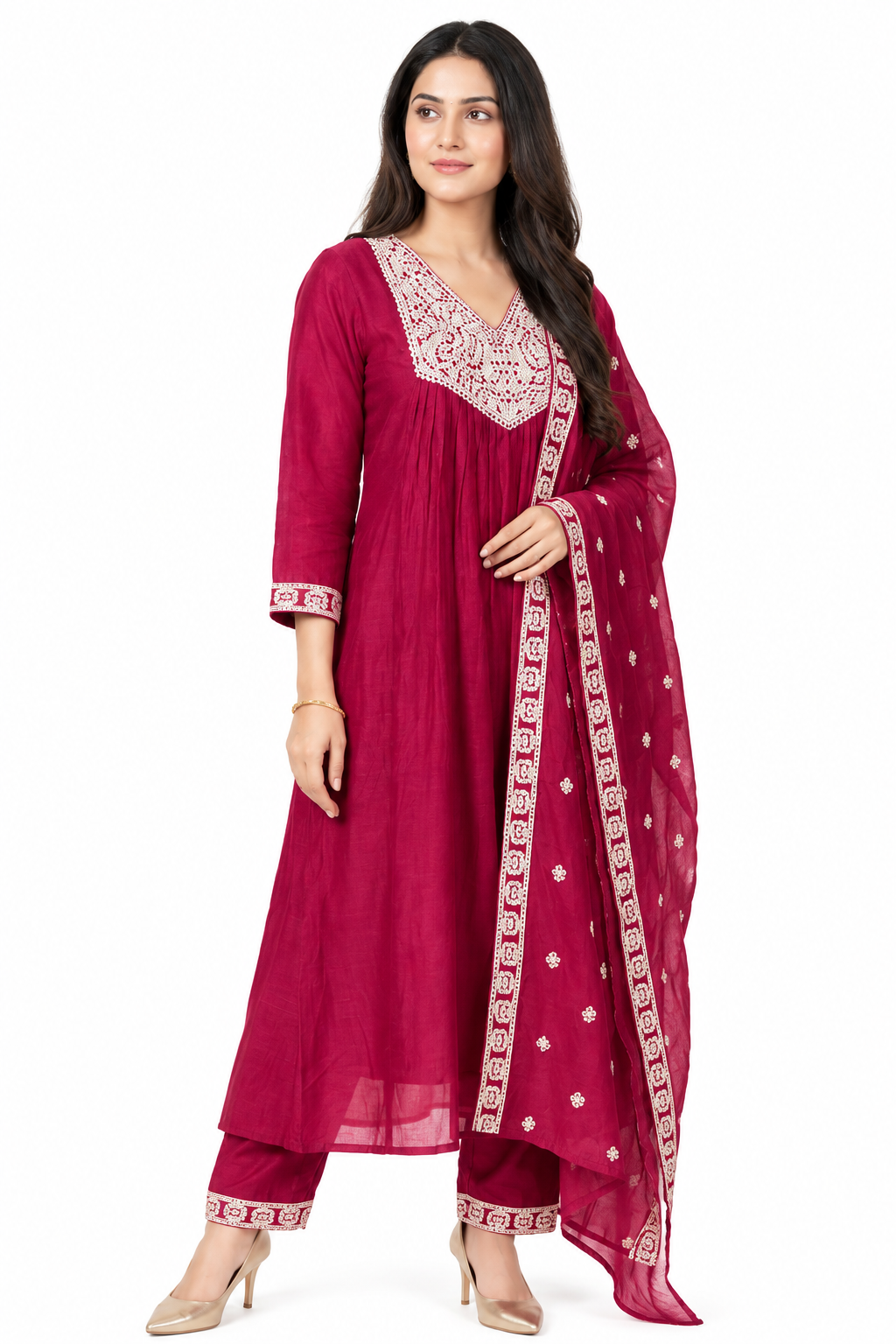 DH182-Crimson Red Embroidered Anarkali Set