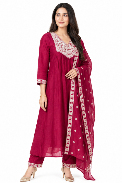 DH182-Crimson Red Embroidered Anarkali Set