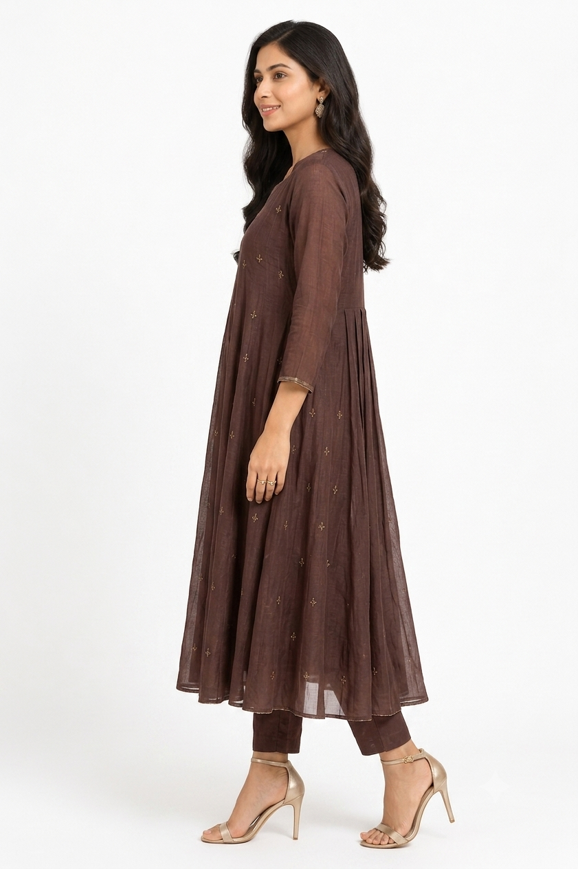 DH321-Women's Brown Mul Chanderi A-Line Suit Set with Dupatta
