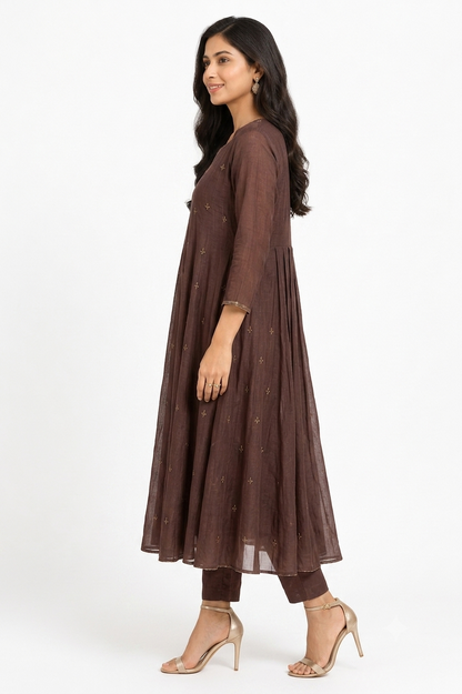 DH321-Women's Brown Mul Chanderi A-Line Suit Set with Dupatta