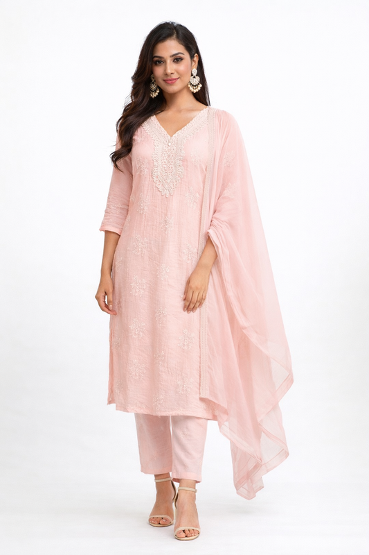 DH301-Elegant Pink Embroidered Cotton Kurta set with White Lace V-Neck