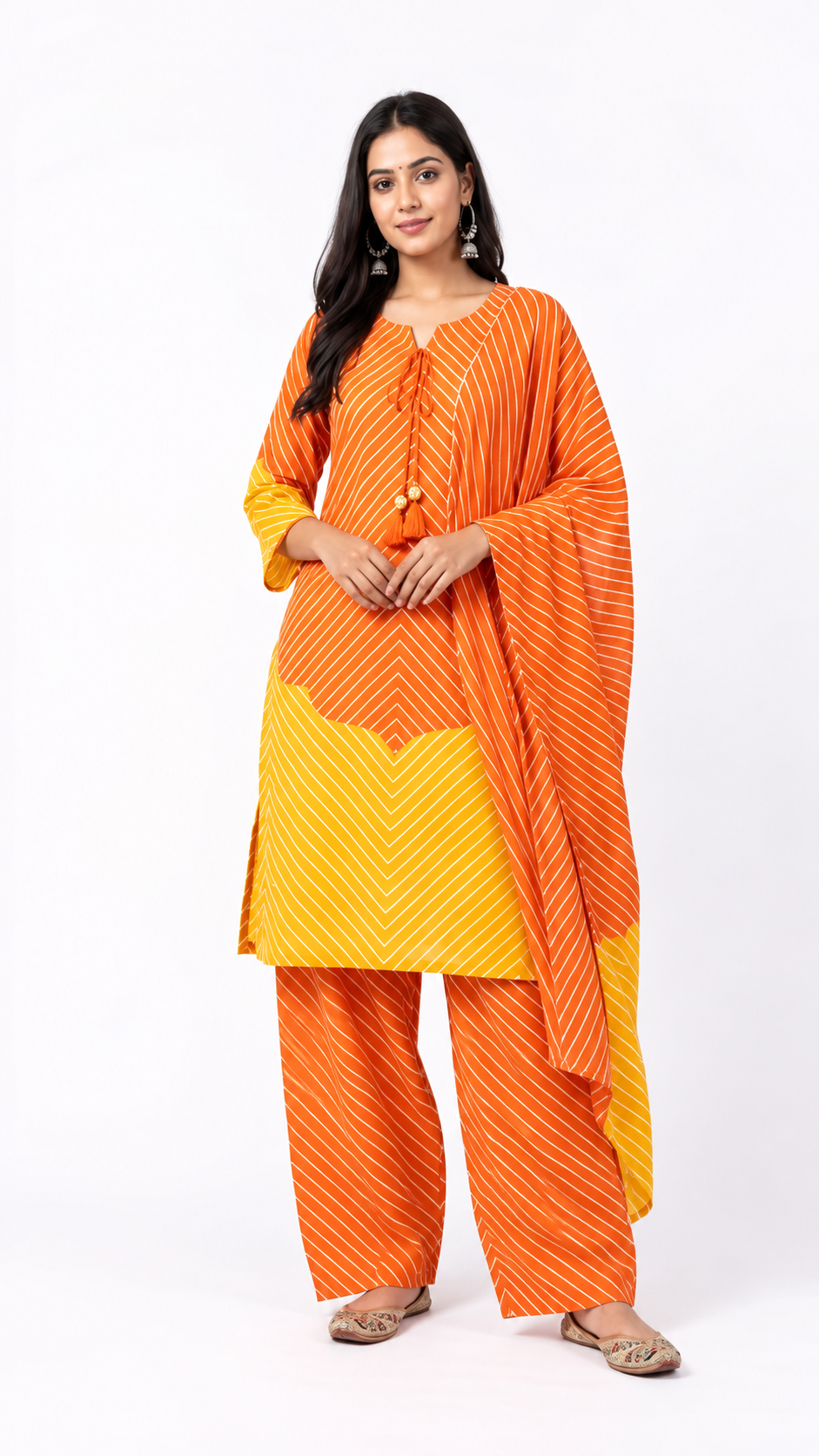 DH320-Women's Orange & Yellow Cotton Striped Farshi Salwar Suit Set with Dupatta