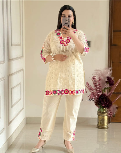 DH155-W-Elegant Cream Cotton Embroidered Coord Set - Dharini's Store