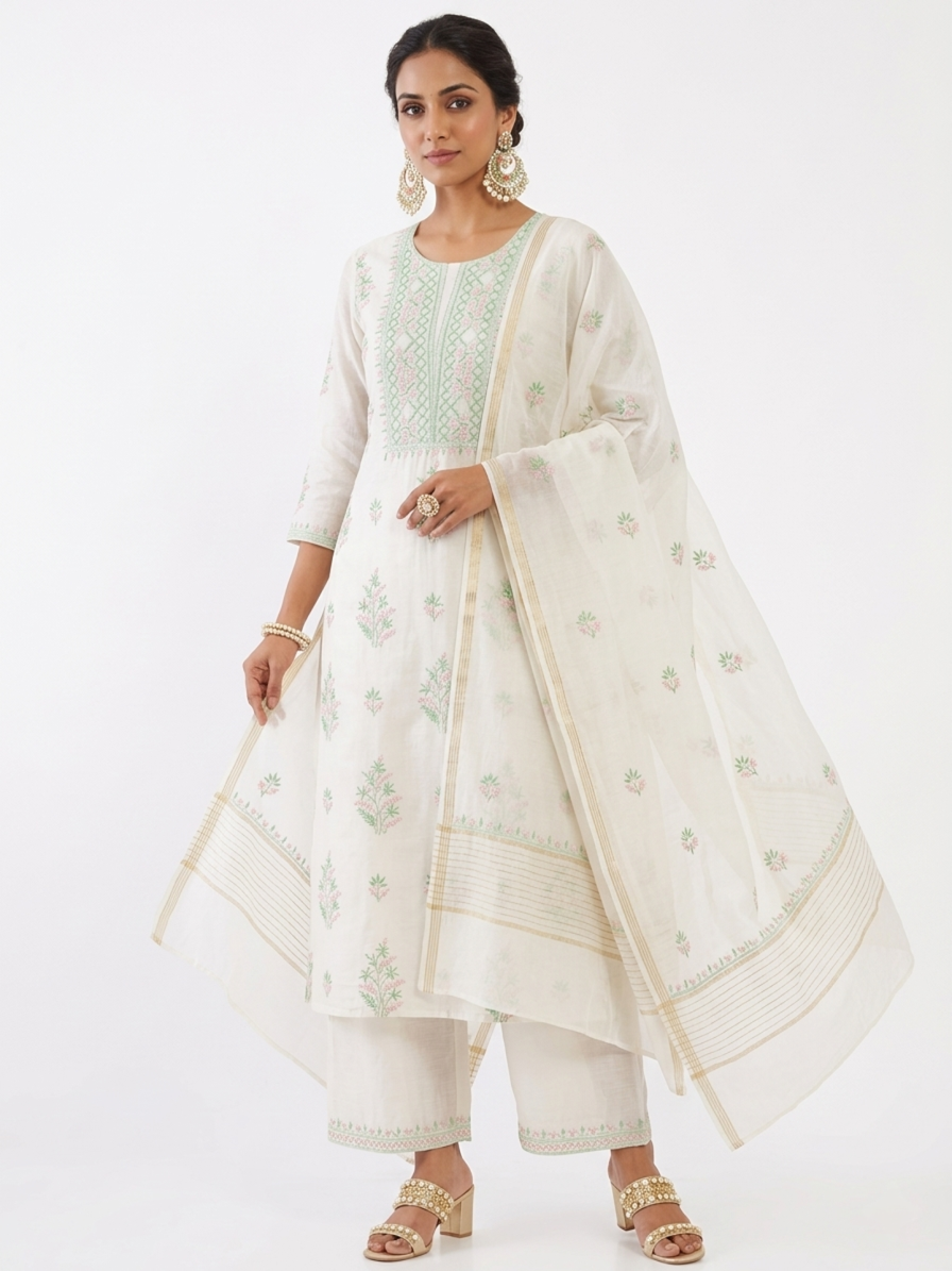 DH272-Elegant White Cotton Unstitched Suit with Pastel Thread Work Dupatta