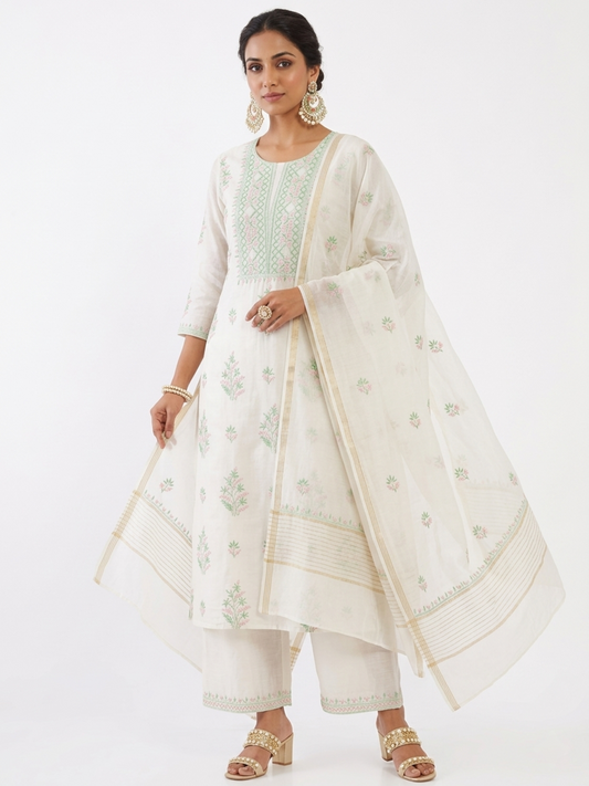 DH272-Elegant White Cotton Unstitched Suit with Pastel Thread Work Dupatta