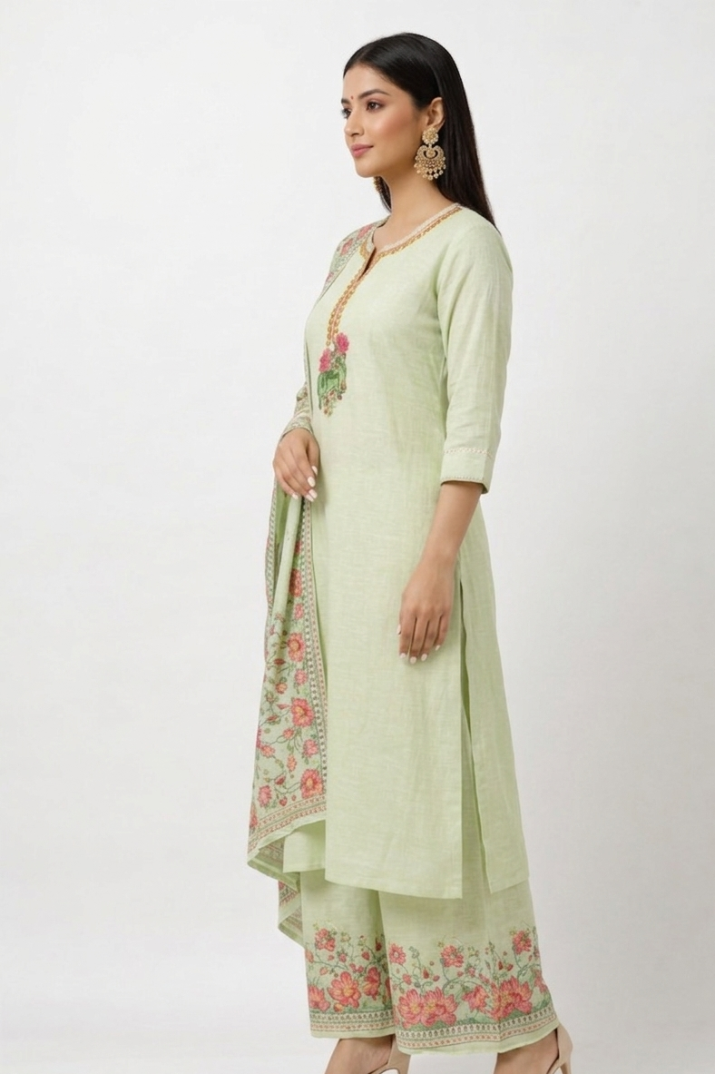 DH311-Graceful Pastel Green Floral Kurta Set with Printed Dupatta