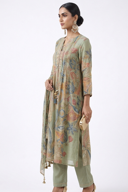 DH304-Elegant Pastel Green Floral Suit Set with Dupatta