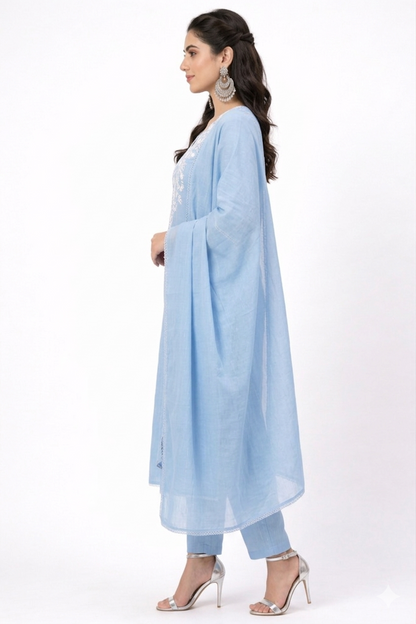 DH315-Elegant Sky Blue Embroidered Kurta Set with Dupatta