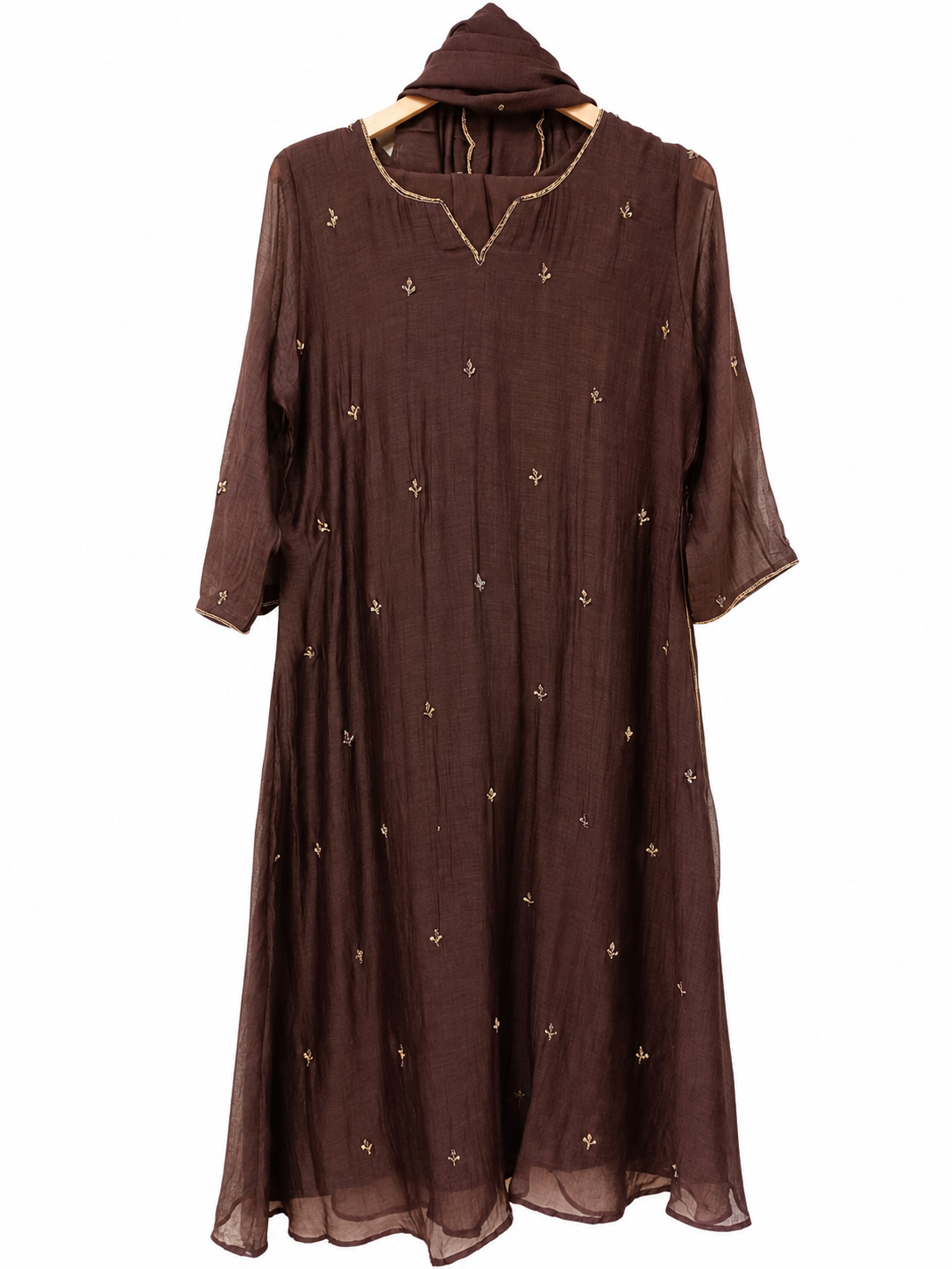 DH321-Women's Brown Mul Chanderi A-Line Suit Set with Dupatta