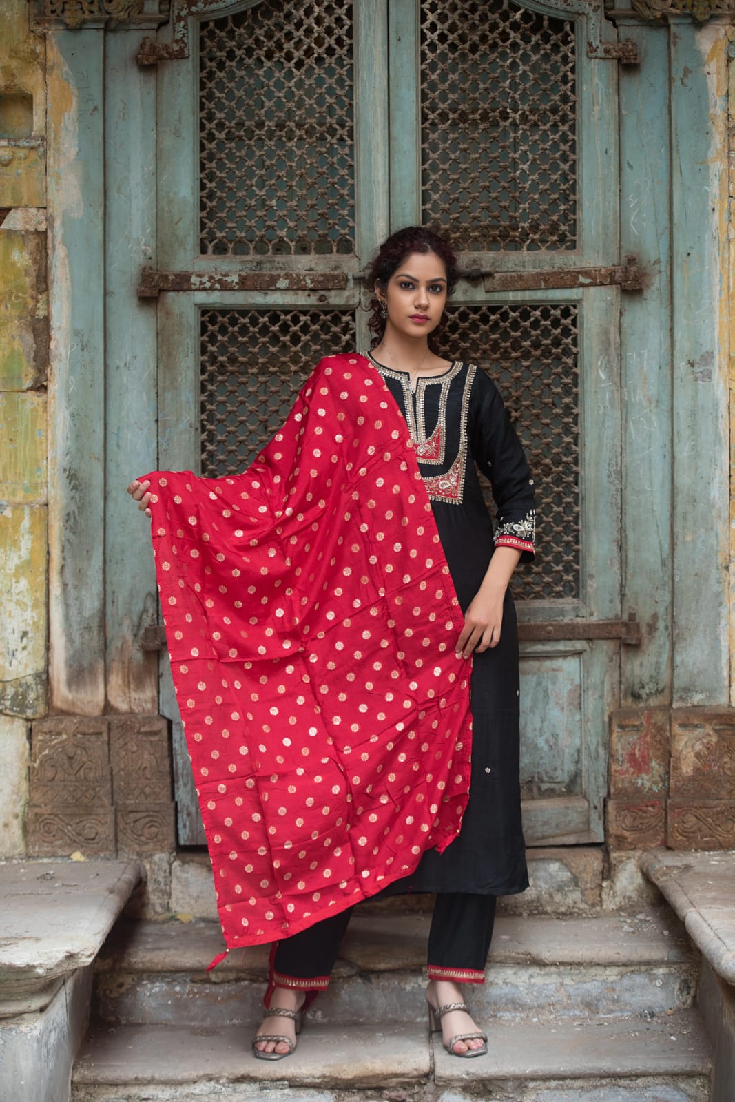 DH216-Black & Red Three Piece Modal Silk Suit