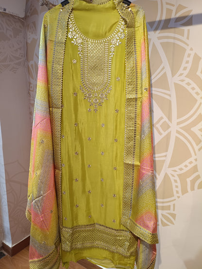 DH248-Unstitched Embroidered Suit With Colorful Bandhej Dupatta
