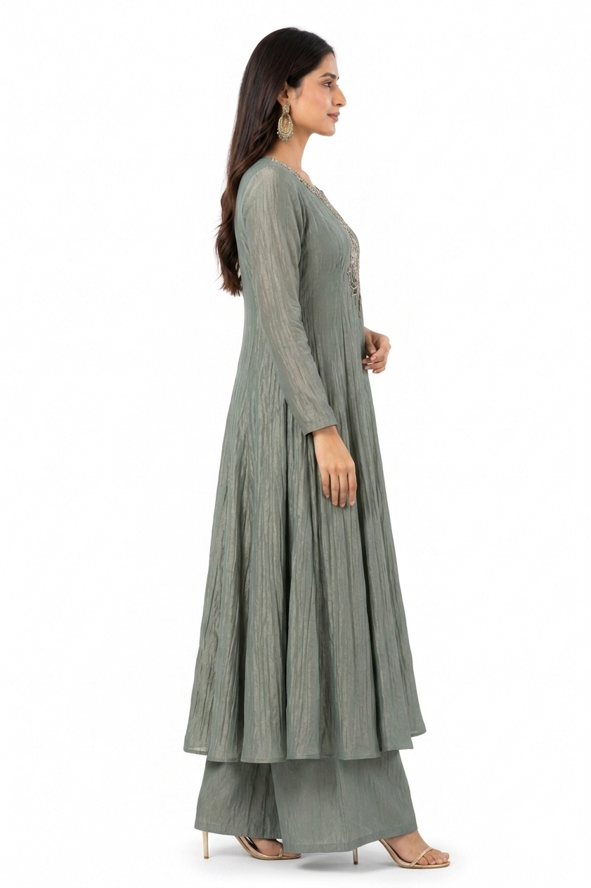 DH325-Sage Green Tissue Shimmer Embroidered Suit Set with Dupatta