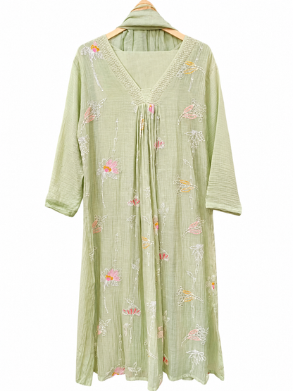 DH324-Pastel Green Mul Chanderi Embroidered A-Line Suit Set with Dupatta