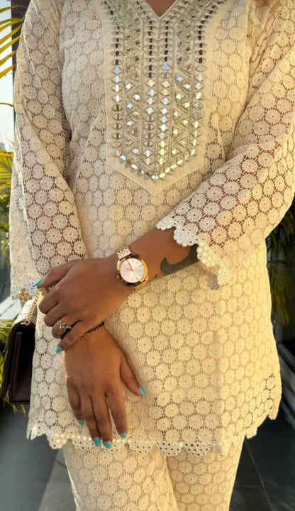 DH156-W-Graceful Cream Mirror Work Suit Set - Dharini's Store