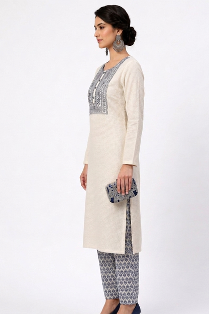 DH317-Elegant Off-White & Navy Blue Embroidered Kurta Set with Dupatta