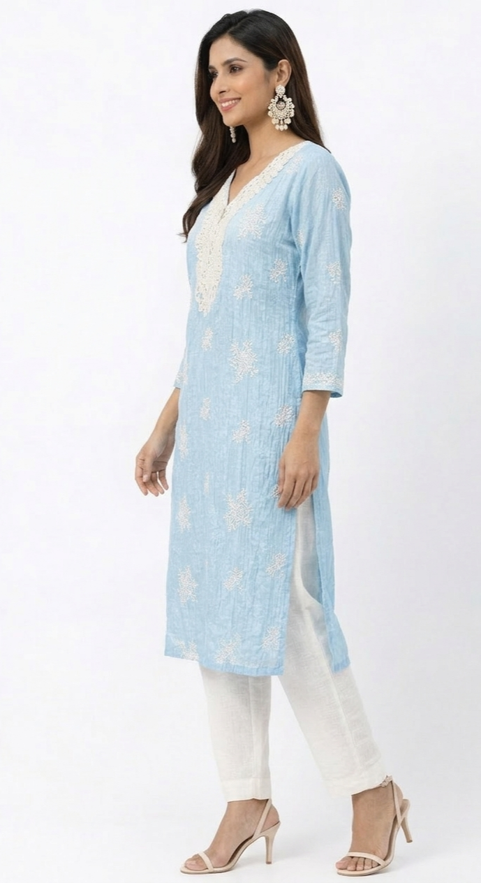 DH302-Elegant Sky Blue  Embroidered Cotton Kurta set with White Lace V-Neck