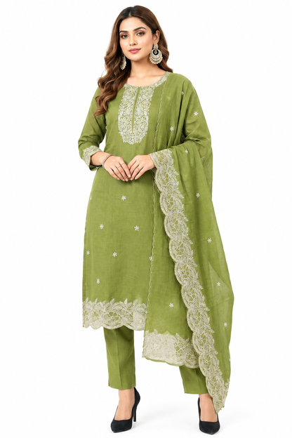 DH335-Women’s 3 Piece Olive Green Suit with Embroidery