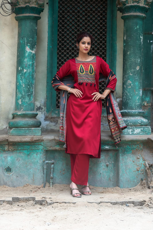 DH203-Red & Black Three Piece Muslin Cotton Red Suit Set