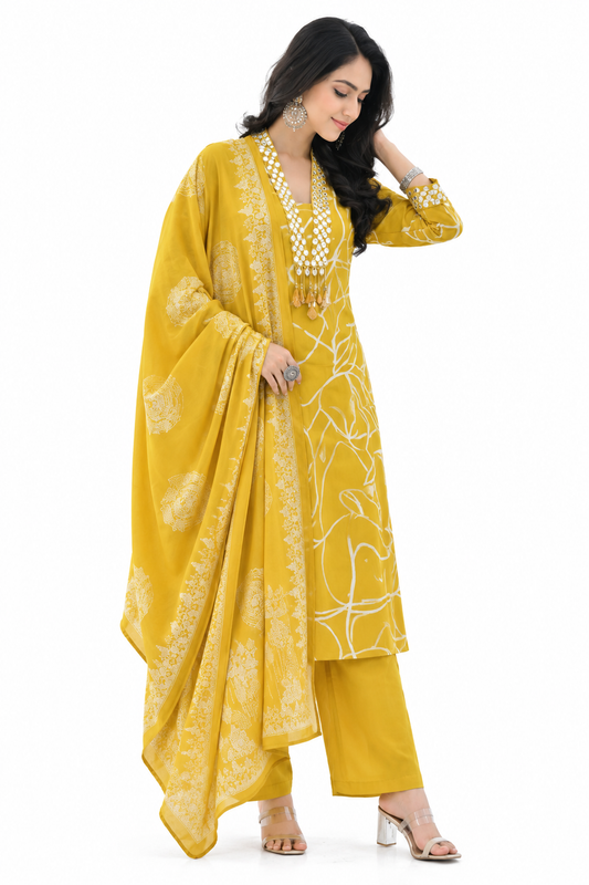 DH 168-Y (PS)-Mustard Yellow and White Print Kurta with Dupatta