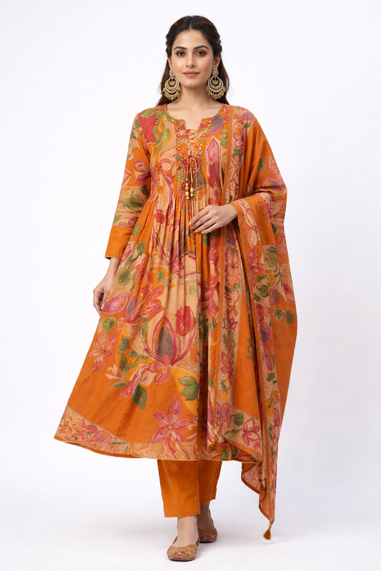 DH305- Vibrant Orange Floral A-Line Kurta Set with Dupatta
