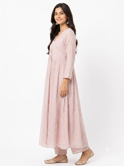 DH322-Blush Pink Mul Chanderi Embroidered A-Line Suit Set with Dupatta