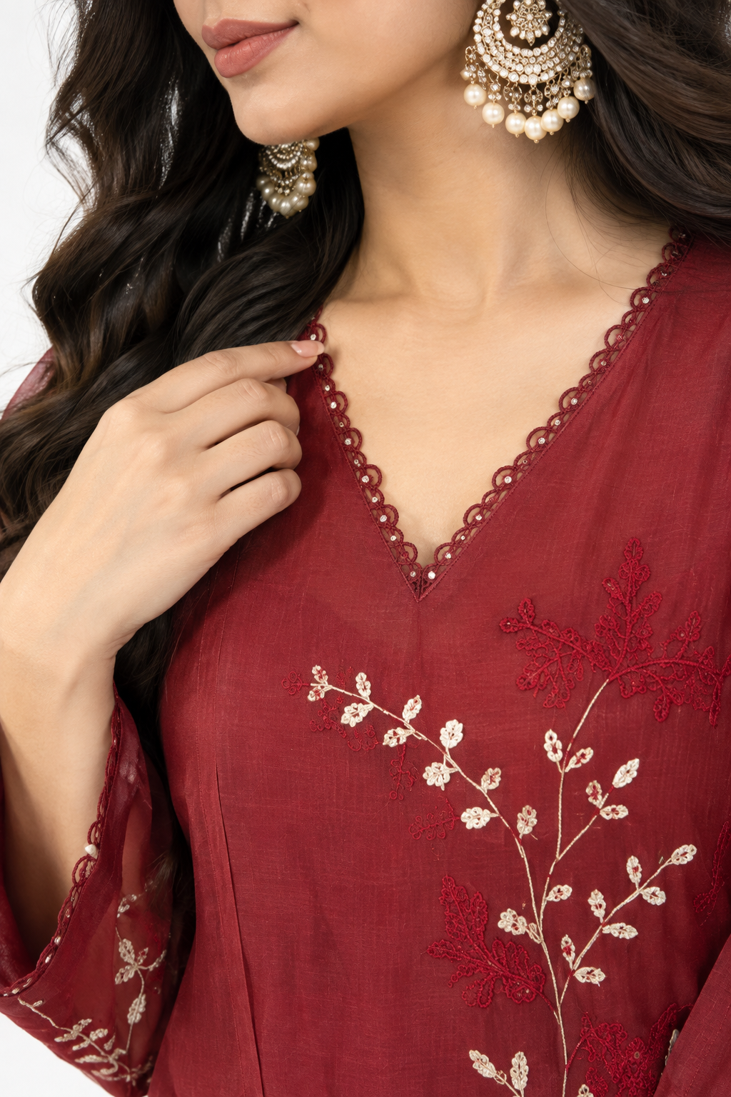 DH183-Maroon-Rust Red Floral Embroidered Kurta Set