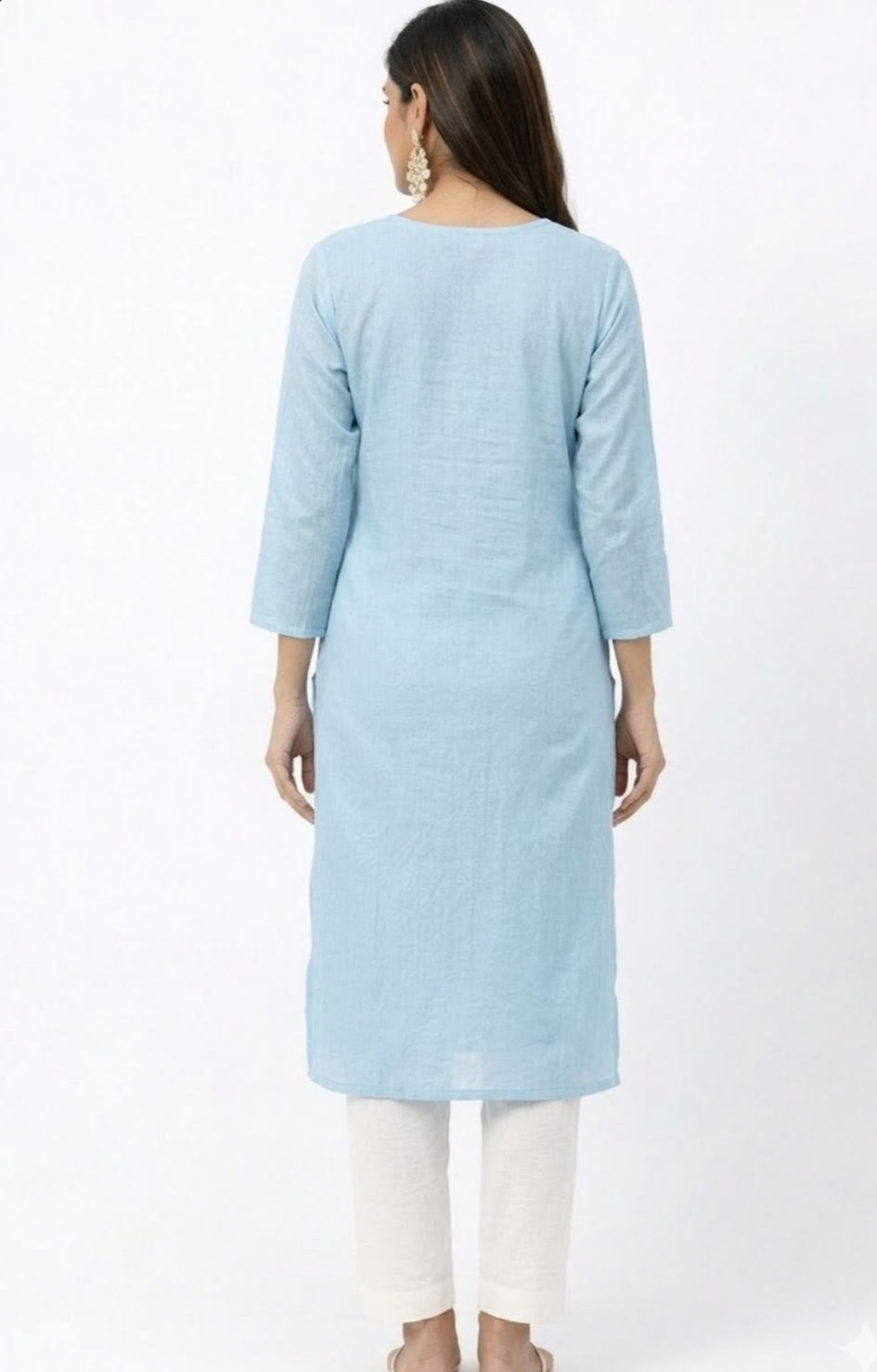 DH302-Elegant Sky Blue  Embroidered Cotton Kurta set with White Lace V-Neck