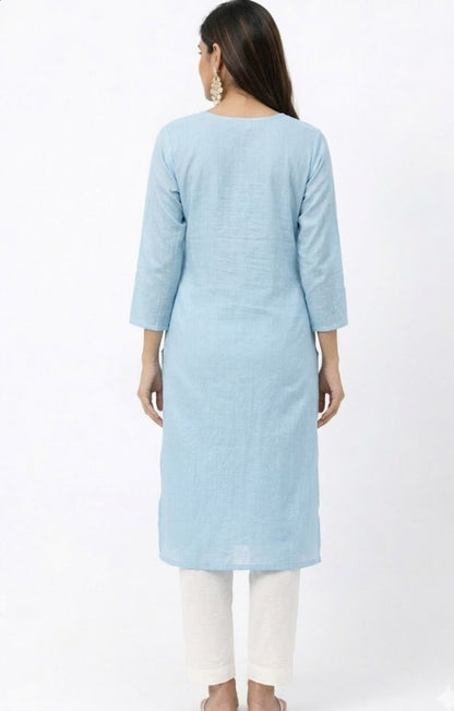 DH302-Elegant Sky Blue  Embroidered Cotton Kurta set with White Lace V-Neck