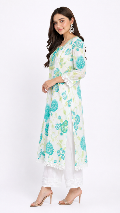 DH123-Cotton Floral Print Kurta Set with Dupatta