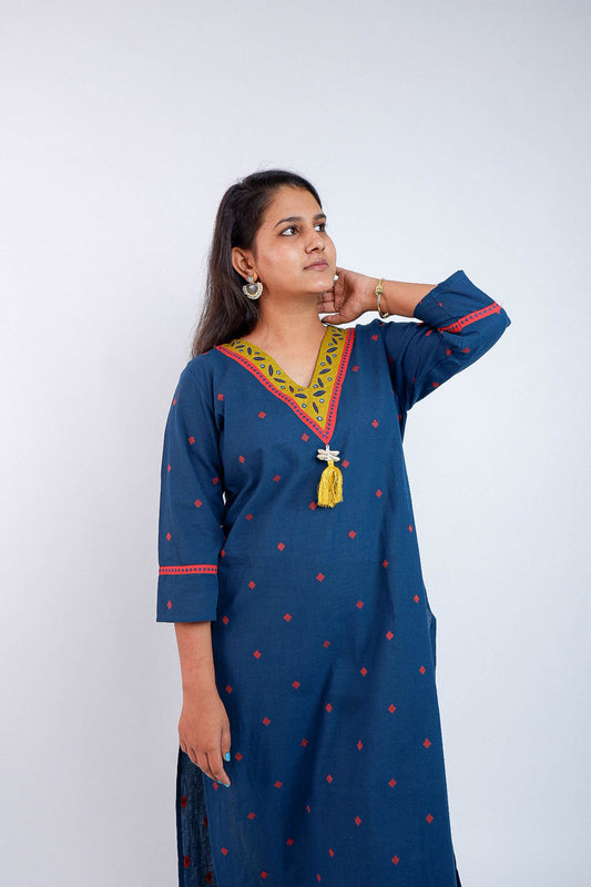 DH209-Blue Handloom Cotton Kurti with Embroidered V-Neck and Tassel Detail
